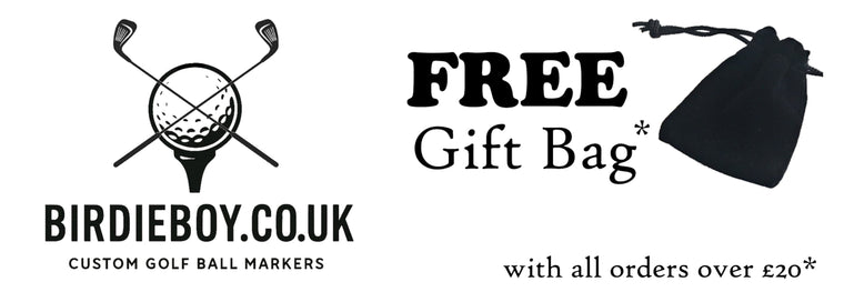 Advertisement for Birdieboy.co.uk with golf ball markers and a free gift bag offer.