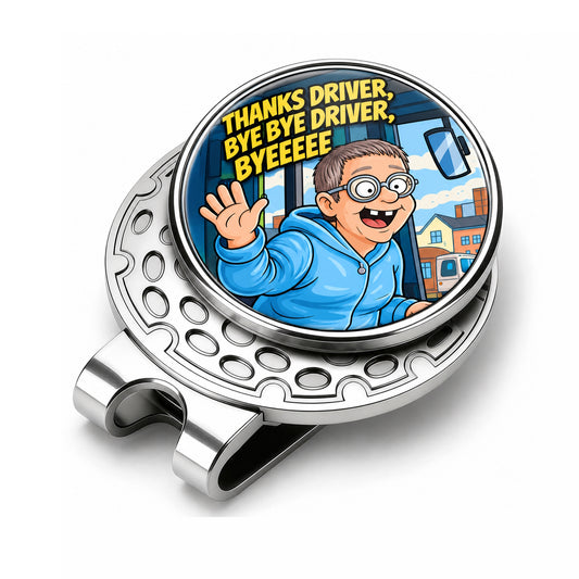 A silver metal golf ball clip with a circular cartoon insert showing a man waving and the text 'THANKS DRIVER, BYE BYE DRIVER, BYEEEE' viral tiktok meme