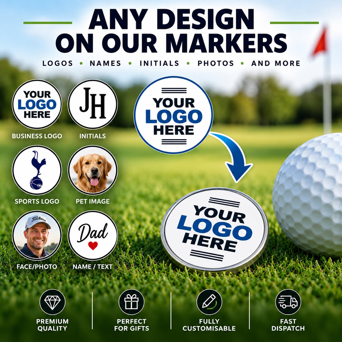 Customizable golf disc marker design template on a grassy golf course background, showing example logo placements, a pet photo, and text for any design on markers.