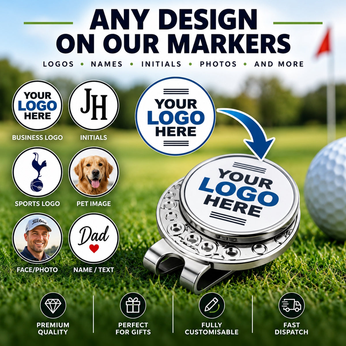 Personalised Golf Ball Coin Marker & Hat Clip Set – Custom Logo, Photo & Design FREE! Any Image!