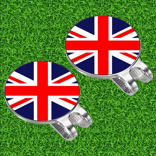 Deluxe Metal GB Great Britain Flag UK Golf Ball Tournament Marker with Hat Clip Golfing Gift (Pack of x2)