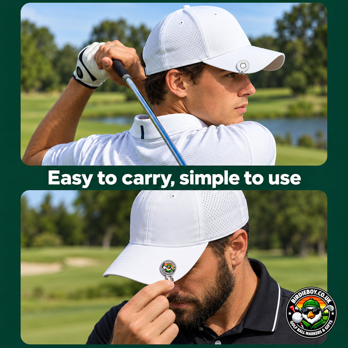 A golf cap shown on a golfer in two panels, with a green border and the text 'Easy to carry, simple to use.' The top panel shows the golfer from behind wearing the white cap, and the bottom panel shows him from the front adjusting the brim.